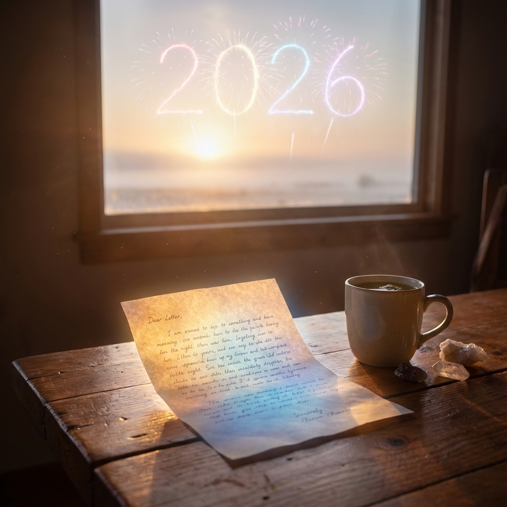 Message of light and hope for 2026 Illuminated automatic writing letter with new year background