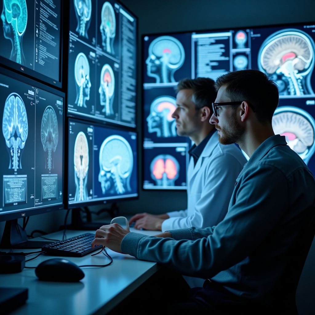 Scientific research investigates automatic writing letters and brain activity Researchers analyze brain scans and automatic writing letters in scientific laboratory