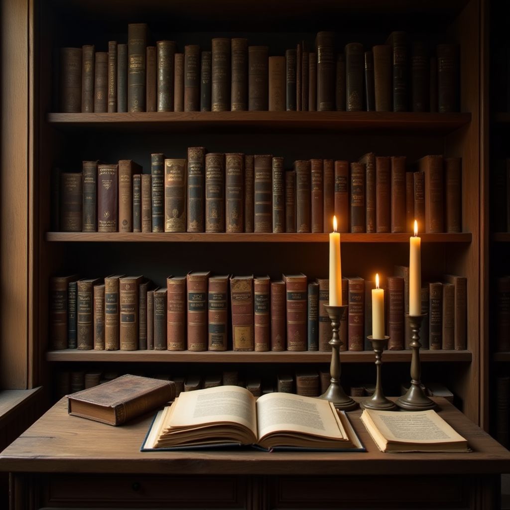 Study resources to understand spiritist automatic writing Shelf with spiritist books, automatic writing letters and candles in study environment