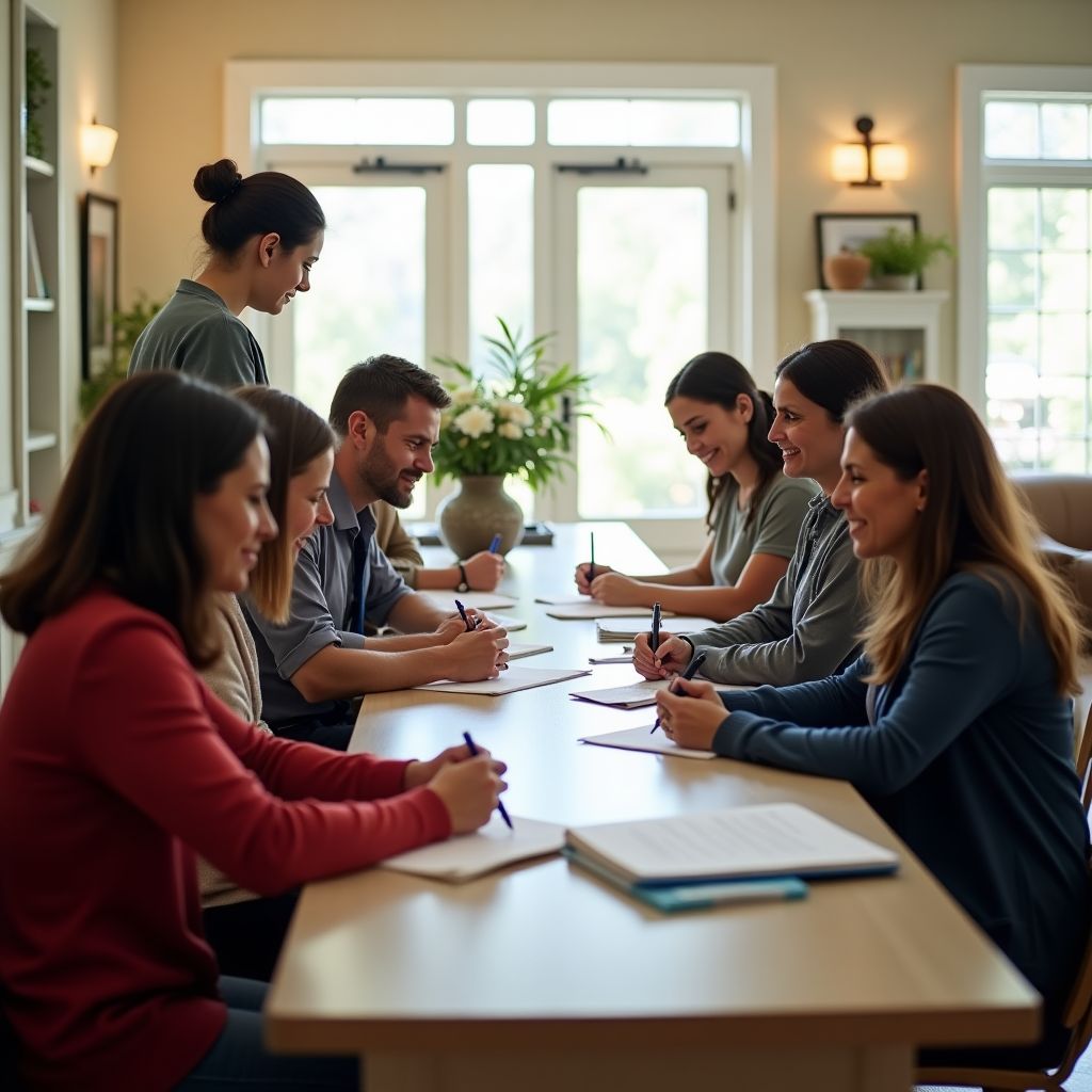 How to request a automatic writing letter in reliable spiritist center Welcoming assistance at spiritist center reception with volunteers guiding automatic writing letters