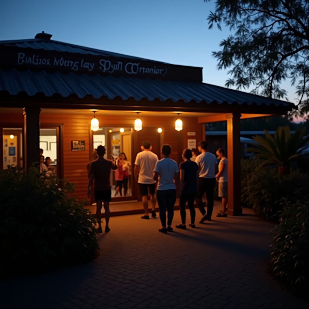 Where to find automatic writing letters in reliable spiritist centers Illuminated entrance of spiritist center with attendees arriving at dusk for automatic writing letters