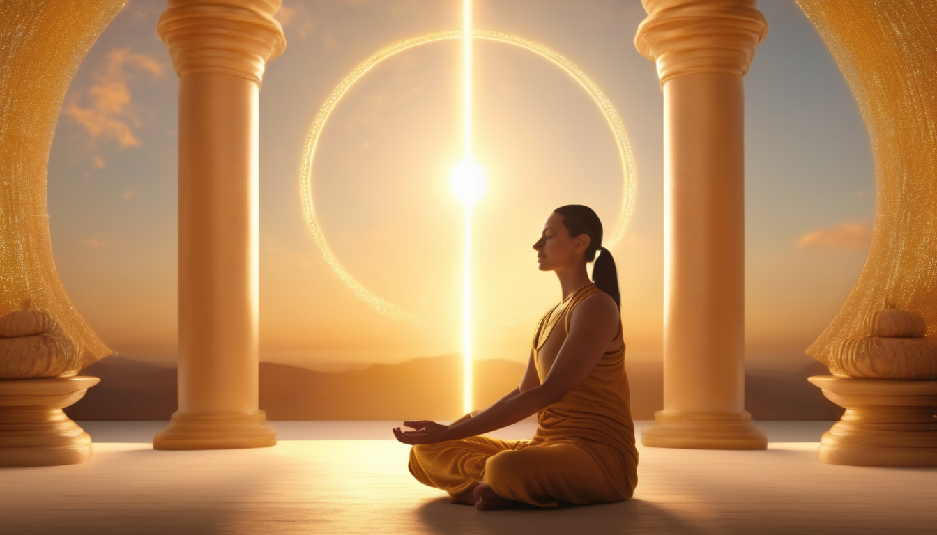 Meditation and spiritual connection with loved ones Person meditating with golden light around representing spiritual connection